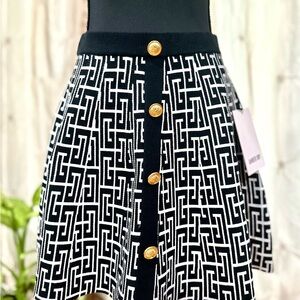 NWT- Black and White Pattern Knit A-Line Skirt with Gold Accent Buttons